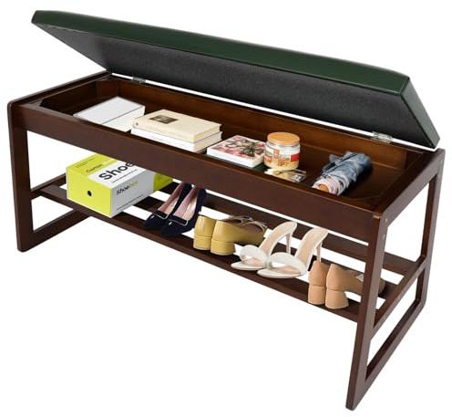 FAHKNS 2-Tiers Shoe Rack Bench 39.4 Shoe Bench with Flip-Top Storage Box, Rubberwood Entryways Shoes Rack for Hallway, Living Room, Bedroom, Closet