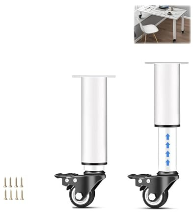 2Pcs Adjustable Metal Furniture Legs with Wheels & Brakes Heavy Duty Replacement Legs for Desk Bed Couch Dresser - White 18-23cm Ideal for Home & Office