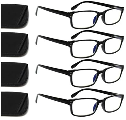 Kerecsen 4 Pack Reading Glasses for Men and Women with Spring Hinges - Black Designer Style Rectangular Readers (4 BLACK, 1.25, Dioptres)
