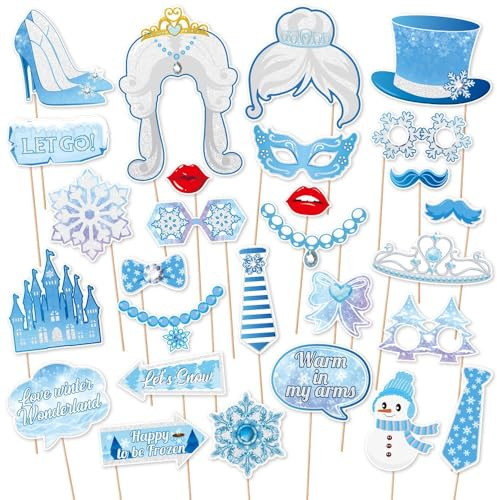 28 Foto-Requisiten zum Thema Schnee und EIS im Winter Dekorationen für Winter-Geburtstagsfeiern Handheld-Selfie-Requisiten Weihnachts-Selfie-Requisiten und Schneeflocken-Party-Fotozubehör