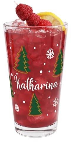 Herz & Heim® Personalisiertes Trinkglas zu Weihnachten – 300 ml Leonardo Glas – Geschenk & Tischdeko für Weihnachten – Winterliche Gläser mit Namensaufdruck – Weihnachtsmotive (Tannenbäume)