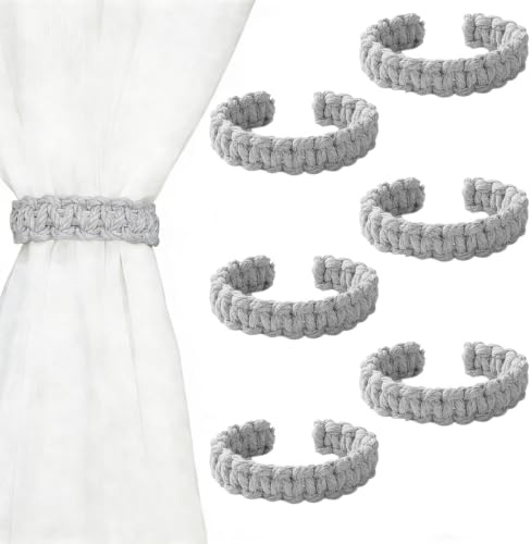Moling 6 Stück Elegant Vorhang Raffhalter in Geflochten Leinen,Gardinenhalter Gardinenband Vorhanghalter Deko Schlafzimmer (Grau)