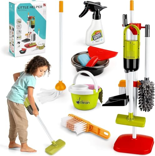 TOSUTO Aspiradora Juguete con Función de Succión, Juego de Limpieza para Niños de 14 Piezas,Set Limpieza Juguetes de rol para la Limpieza del Hogar a Partir de 3 Años