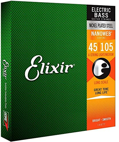 Elixir® 14077 Saiten Nickel-Wound 4-str. E-Basssaiten mit NANOWEB® Beschichtung, Long Scale, Light/Medium,(.045-.105)