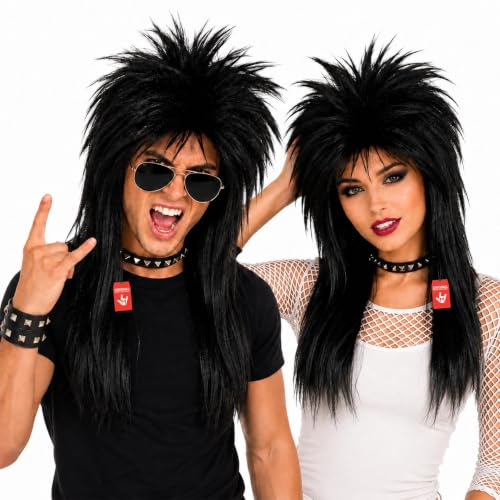 Fun Shack 80er Jahre Rockstar Perücke Schwarz für Erwachsene, Kostümzubehör für Karneval, Fasching, Schlagermove, Halloween – Einheitsgröße