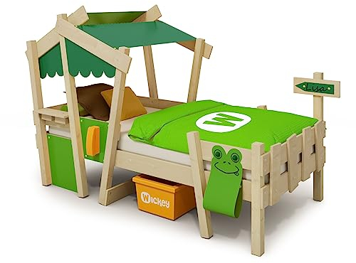 Wickey Kinderbett Hausbett Crazy Candy - grün/apfelgrüne Plane 90 x 200 cm - Holzbett aus Massivholz mit Spielzeugzubehör für Kinder