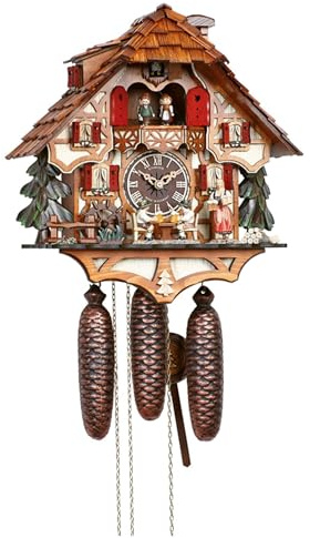 Anton Schneider Kuckucksuhr Schwarzwaldhaus mit beweglichen Biertrinkern und Mühlrad