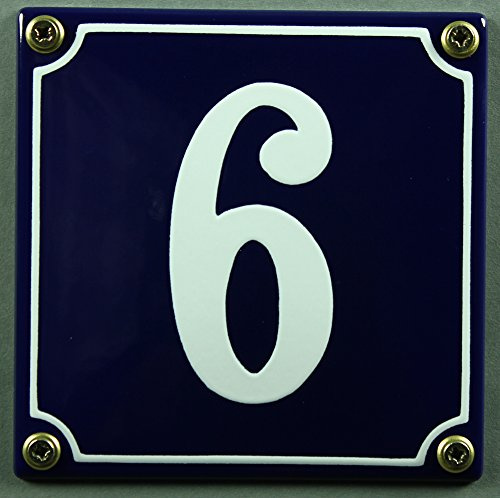 Emaille Hausnummernschild - Wählen Sie Ihre Nummer - Zahlen 1 bis 30 verfügbar - blau/weiß 12x12 cm und 12x14cm - sofort lieferbar! Hausnummer Schild wetterfest und lichtecht (6 blau/weiß 12x12cm)