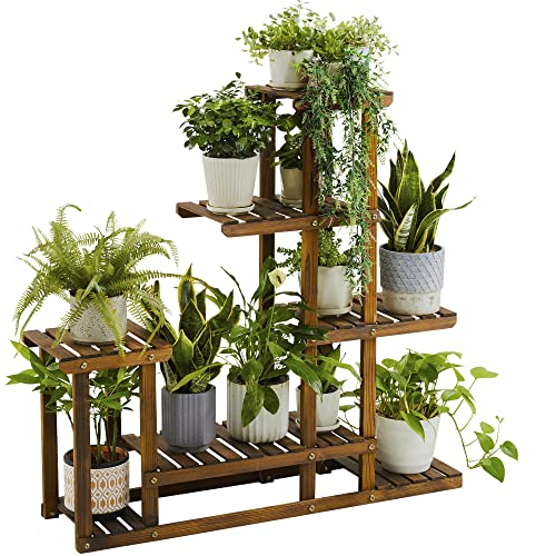 Yaheetech Pflanzentreppe 6 Ebenen Blumenregal Blumenbank Holz Regal Blumentreppe Balkon Draußen Gartenregal Leiterregal Pflanzenregal 97 x 96 x 25 cm