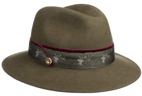 Lodenhut Manufaktur Damen Deertrim Filzhut Damenhut Trachtenhut Wollhut Wollfilzhut (56 cm - Oliv)