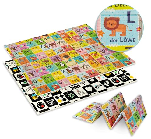 HUMBI Tapis de jeu en mousse double face - XXL - Pliable - Grand tapis de jeu antidérapant des deux côtés - Inodore - Mousse XPE - ABC - Animaux - Images contrastées en noir et blanc - 120 x 180 cm