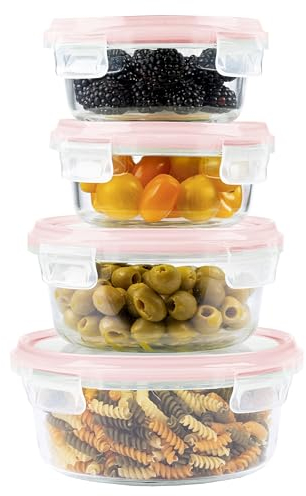 Home Fleek Contenitori In Vetro Per Alimenti - Meal Prep Contenitori Ermetici, Adatti Microonde E Congelatore (Set di 4, Rosso)