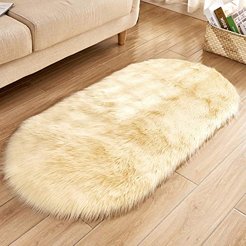 Ovaler Flauschiger Plüsch Bereich Teppich für Schlafzimmer,Faux Lammfell Schaffell Teppiche Wohnzimmer Hochflor Kunstfell Nachahmung Wolle Bettvorleger Sofa Matte Carpet Bodenmatte Gelb 60x150CM