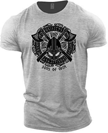 GYMTIER Sons of Odin - Helmet Vikings - Men's Gym T-Shirt Bodybuilding Training Workout Lifting Top Clothing, Sport Grey, L
