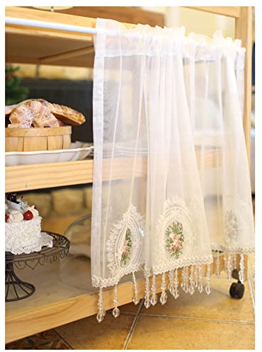 HYGERX Vintage Cafe Vorhang Landhausstil Scheibengardinen Handstickerei Kurzstore Gardine/White / W150xH160cm