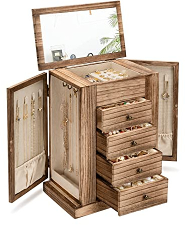 Emfogo Jewelry Box for Women, 5 Layer Large Wood Boxes & Organizers for Necklaces Earrings Rings Bracelets, Rustic Organizer with Drawers and Mirror(Carbonized Black)
