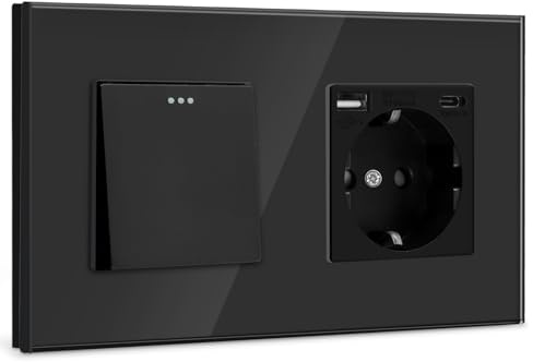 BSEED Lichtschalter mit Steckdose 1Fach Weg, Wandschalter 16A Schuko USB-Anschluss (Max. 2.1A) Typ-C-Port Schwarz, 157mm Physische Unterputz Steckdose