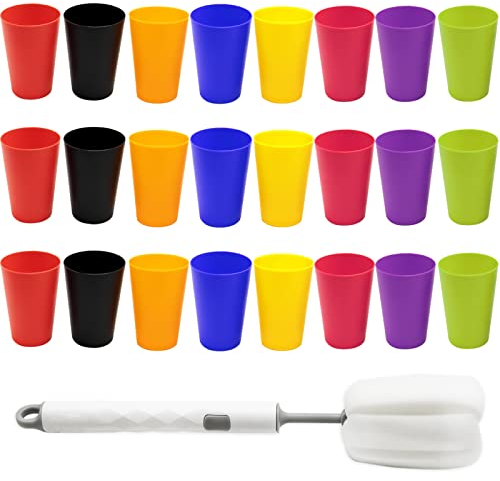 24 Pack Reusable Plastic Cups 260ml Small Plastic Drinking Cups On-the-go Cup Set for Kids Kids, Kitchen, Outdoor Party, Picnic, BBQ, Travel (8 Colors) Comes with a Cup Brush