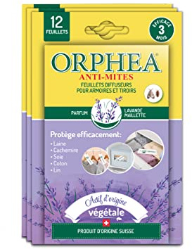 Orphea - Anti tarme tessile, fogli per armadi e cassetti (3 x 12 pezzi) naturale, profumo di lavanda. Anti tarme Ideale per abbigliamento, agisce immediatamente - Durata 3 mesi