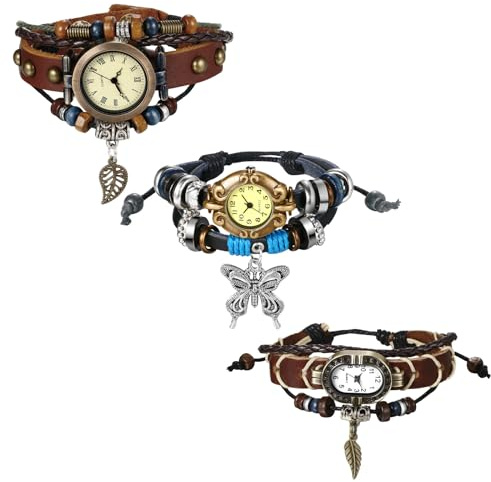 JewelryWe Kvartsklocka läderarmband för kvinnor bladformad hänge