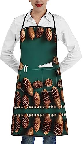 STejar Tannenzapfen-Bordüre, Damen-Schürzen für Herren, verstellbares Nackenband, lange Krawatten, Kochschürzen für Küche und Kochen, Weiss/opulenter Garten, Einheitsgröße