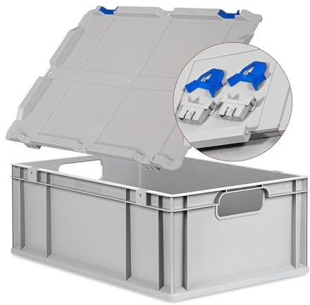 Eurobox NextGen Economy 60x40x22cm Griffe offen mit Scharnierdeckel grau, Kunststoffbox 44 Liter, Transportbox Lagerbox Campingbox stapelbar, Farbe Deckel-Verschlüsse wählbar (Verschluss Blau)
