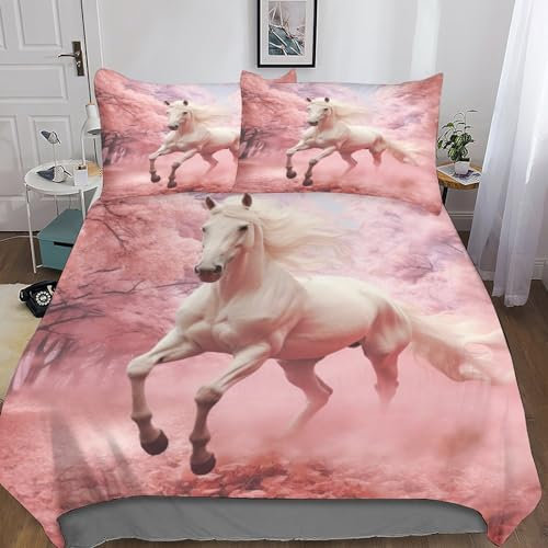 MEFESE Cheval Qui Court 3 Pièces Qualité Housse De Cheval and Flower Couette Et Taies D'oreillers-100% Microfibre-Linge De Lit-Romance-Love-Cœur-Amour-Naturel Entretien Facile Double（200x200cm）