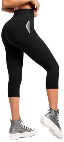 Walifrey High Waisted Capri Leggings for Women UK with Pockets ，3/4 Length Opaque Gym Leggings for Yoga Workout Black XXL
