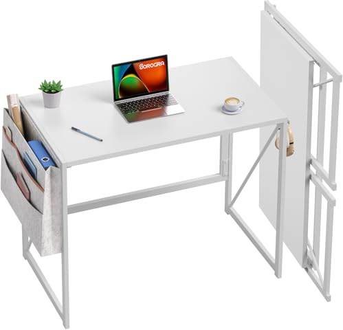 SOROGRA Kleiner Schreibtisch Klappbar 80 cm, Platzsparender Klappschreibtisch mit Aufbewahrungstasche und Kopfhörerhaken, Schmaler Schreibtisch Klein für Home Office, Büro, Einfache Montage, Weiß