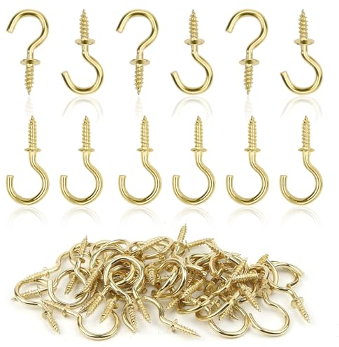 TuseRxln Metal Ceiling Cup Screw Hooks, 60 Pieces Gold Screw-in Eye Hook Holder for Hanging Plants Mug Arts Decorations