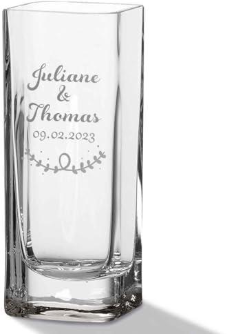 GRAVURZEILE Blumenvase mit Gravur - Wedding - Personalisiert mit Namen und Datum - Moderne Vase aus Glas für Blumen - Geschenke für Frauen - Deko Geschenkidee zum Geburtstag - 20x8cm