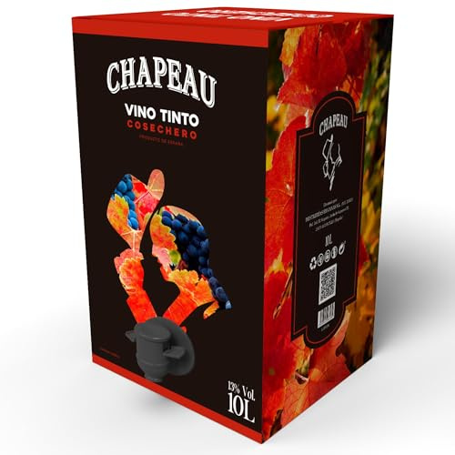 CHAPEAU Vino Tinto 13% Cosechero Bag in Box 10L | Vino Tinto Joven 13% con 100% Tempranillo Rioja con suaves notas afrutadas| Equivalente a más de 13 botellas | Caja de Vino 10L con grifo | La Rioja