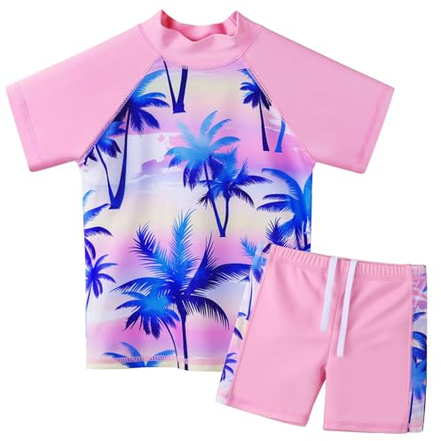 ZNYUNE Girls' Printed 2 Piece Swimsuit Top Short Sleeve + Shorts Child Rash Guard Anti-UV Sun Protection UPF50+, S451-cocorosa, 9-10 Years