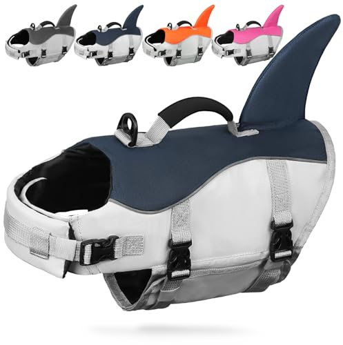 AMZNOVA Shark Hundeschwimmweste, Schwimmweste with Flossen & Haiflosse, Rettungsweste Hund für Bootfahren, Schwimmhilfe & Leichte, L, Majolikablau