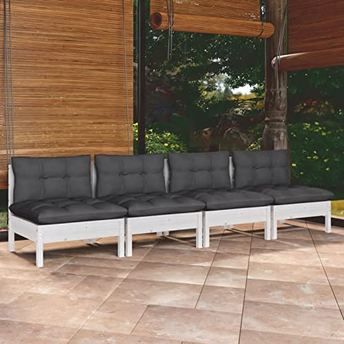 Homgoday Gartensofa 4-Sitzer mit Kissen Kiefer Grau Anthrazit Outdoor Paletten Holz Sofa Paletten Outdoor Weiß