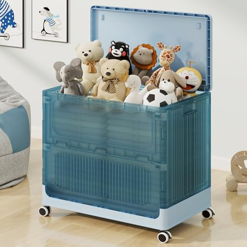 Dimmeda Caja grande de juguetes con tapa, 135 cuartos de galón, plegable, de plástico resistente, organizador de juguetes, cestas para niños, niñas, guardería, sala de juegos (azul transparente)