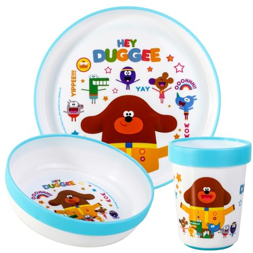 Hey Duggee - Vajillas Infantiles, Juego de 3 Vajillas Reutilizables Bicolor para Niños, Platos y Vasos, sin BPA