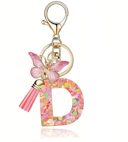 Shirene Porte clés avec Letter de l'alphabet,Porte Clé Alphabet D Initial Papillons Keyring Pendentif Feuille d'or Key Ring pour Femme Fille Personnalisée Lettres Keychain