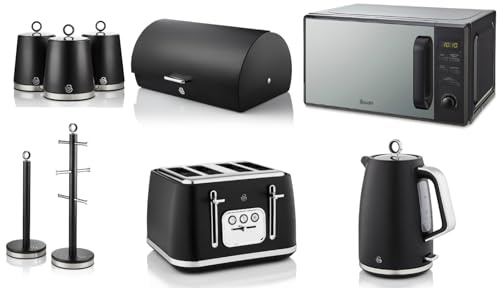 Swan Serenity Black Kettle, 4 Slice Toaster, Bread Bin, Canisters, Mug Tree, Towel Pole and 20L 800W Digital Microwave SM4421BLK. Contemporary Matching Kitchen Set of 9 in Black with Chrome Trim