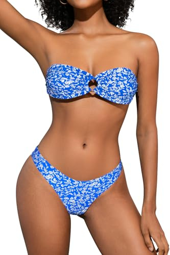 SHEKINI Damen O-Ring Schnürschuh Bandeau Bikini Set Badeanzug Rückenfrei Trägerlos Sexy Strandkleidung High Cut Zweiteiliger Bademode（M,Blau Blumendruck）
