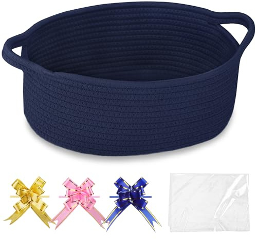 COMSE Piccolo cestino intrecciato con sacchetti regalo e nastri, cesto regalo vuoto, organizer per la cameretta dei bambini, corda di cotone, 30,5 x 20 x 13 cm, blu navy