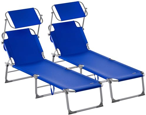 Casaria 2X Sonnenliege klappbar mit Sonnendach Blau | Mobil, bis 130 kg Belastbar, Garten, Balkon, Set, Liegestuhl, Klappliege, Strandliege, Wetterfest,5 fach Verstellbar