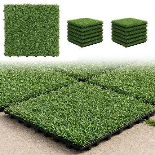 MAKA Pavimento a Incastro per Esterno in Erba Sintetica, Piastrelle 30x30 cm, Prato Artificiale a Incastro, Mattonelle Facili da Installare per Giardino, Balcone con Drenaggio Acqua (12 Pezzi 1.08 mq)
