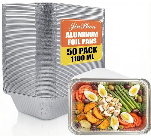 JinPhon Lot de 50 Barquette Aluminium avec Couvercle 1100 ML, Idéal pour Four, Barbecue, Congélation et Batch Cooking, Plat Aluminium Jetables Multi-usages