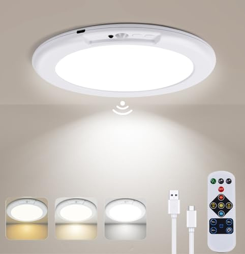 AVANLO Rechargeable Ceiling Light with Remote | Wireless Motion Sensor Lights Indoor, 3 Color, Magnetic Battery Operated Ceiling Lamp for Bath, Loft, Stairs, Garage