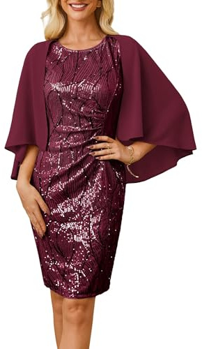 GRACE KARIN Elegant Sequin Dress for Women UK Bodycon Cocktail Party Evening Wedding Guest Dress with Shawl Cover Up Wine Red XXL