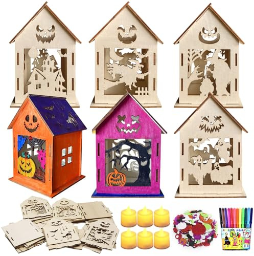 Pack of 6 Halloween Lanterns Craft Set, DIY Halloween Ghost House Craft Sets, Wooden Lantern for Children, Crafts and Painting, Wooden Lantern with LED Candles, Tea Light Holder for Halloween, Gift