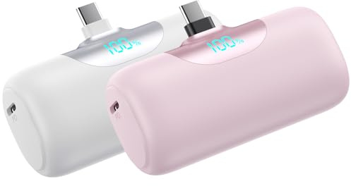 [2 Packs]Mini Portable Charger for iPhone 17/16,5500mAh LCD Display USB C Power Bank,Fast Phone Charging Travel Pocket Size Battery Pack for iPhone 17/17 Pro Max/Air/16/15 Series,Android(Pink+White)