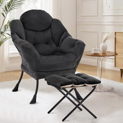 XH.Easy Go Lazy Chair mit Ottomane, Sessel Wohnzimmer Ohrensessel mit Hocker, Lesesessel Bequem Armchair Lounge Sessel mit Fußhocker, Relaxstuhl Relaxsessel mit Fußstütze, Seitentasche, Schwarz