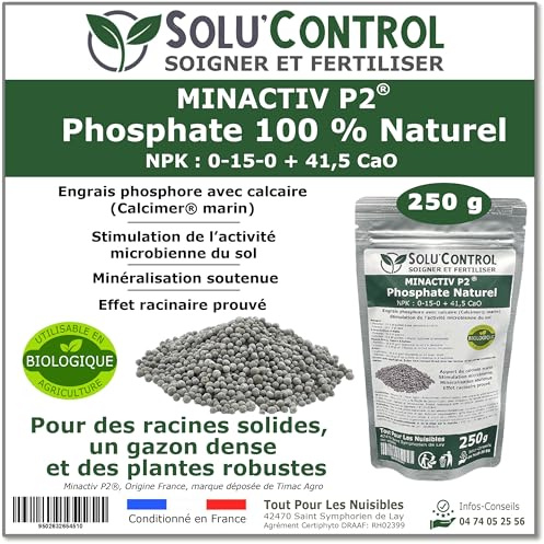 250 g de Minactiv P2® SOLU’CONTROL – Engrais phosphate naturel 0-15-0 + 41,5 CaO – Avec Calcimer® marin et stimulateur microbien – Racines solides, gazon dense et cultures vigoureuses – UAB (Bio)
